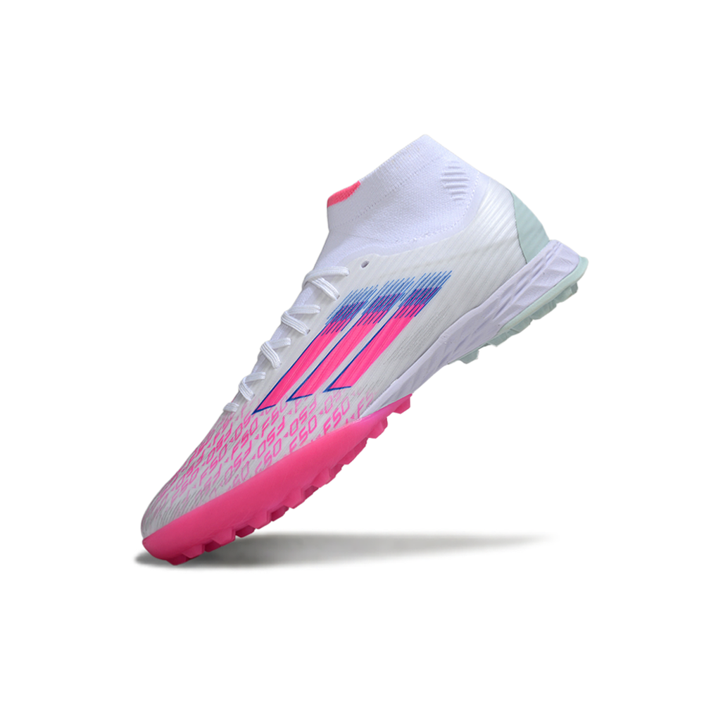 Chuteira Society Adidas F50 Cano Médio TF Branco, Rosa e Azul