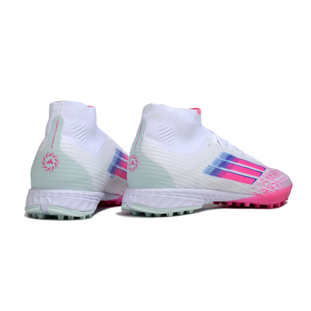 Chuteira Society Adidas F50 Cano Médio TF Branco, Rosa e Azul