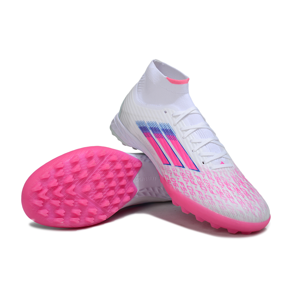 Chuteira Society Adidas F50 Cano Médio TF Branco, Rosa e Azul