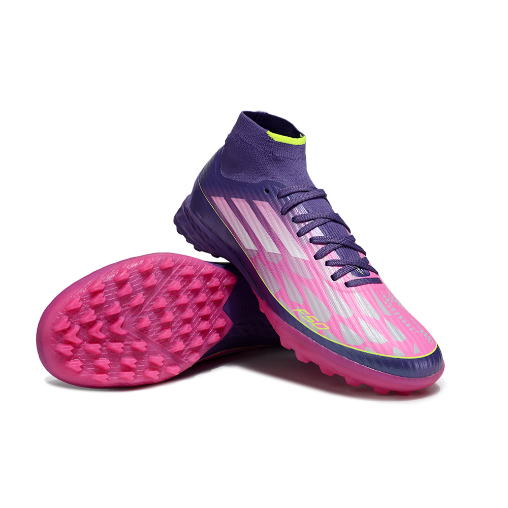 Chuteira Society Adidas F50 Cano Médio TF Roxo, Rosa e Verde "Lamine Yamal"
