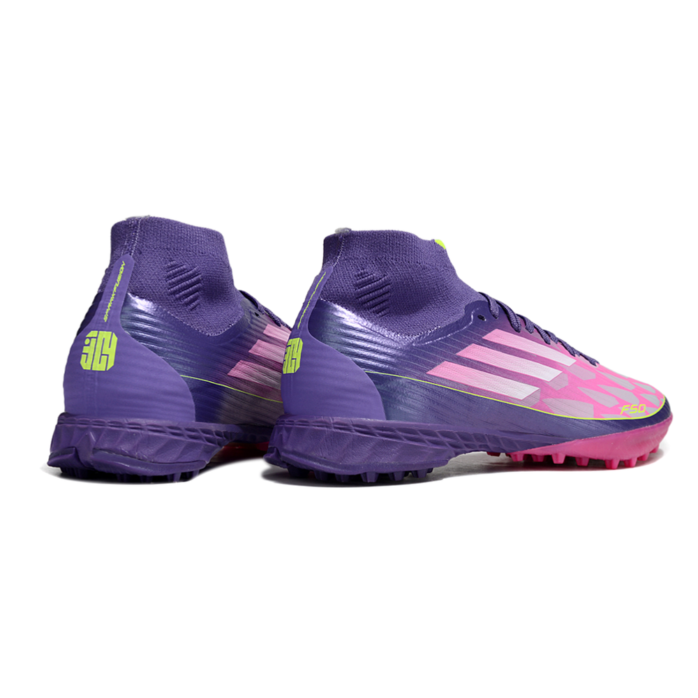 Chuteira Society Adidas F50 Cano Médio TF Roxo, Rosa e Verde "Lamine Yamal"