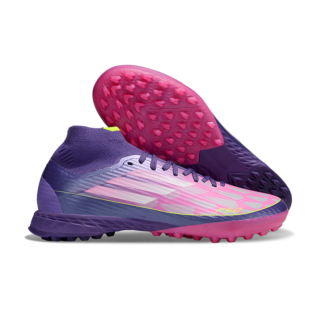 Chuteira Society Adidas F50 Cano Médio TF Roxo, Rosa e Verde "Lamine Yamal"