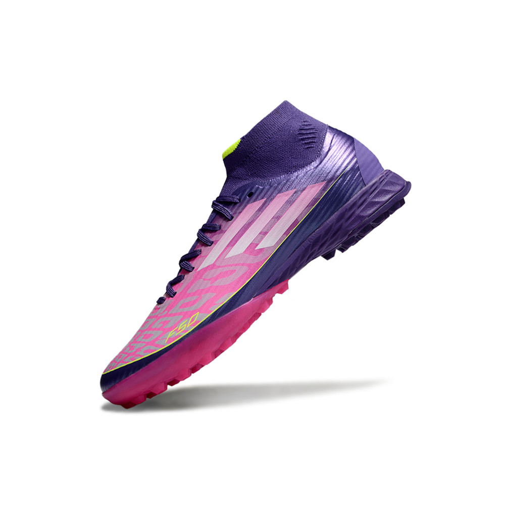 Chuteira Society Adidas F50 Cano Médio TF Roxo, Rosa e Verde "Lamine Yamal"