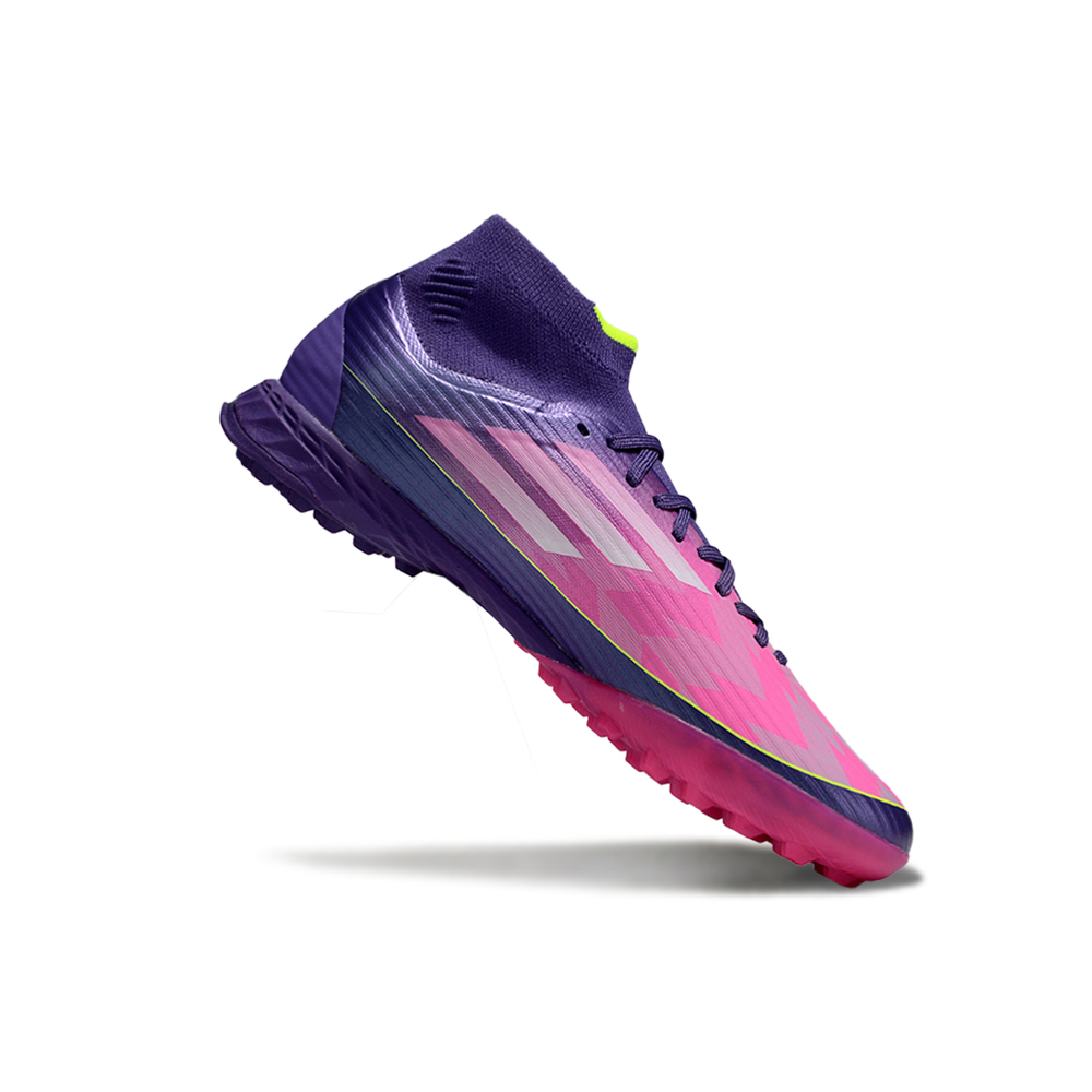 Chuteira Society Adidas F50 Cano Médio TF Roxo, Rosa e Verde "Lamine Yamal"