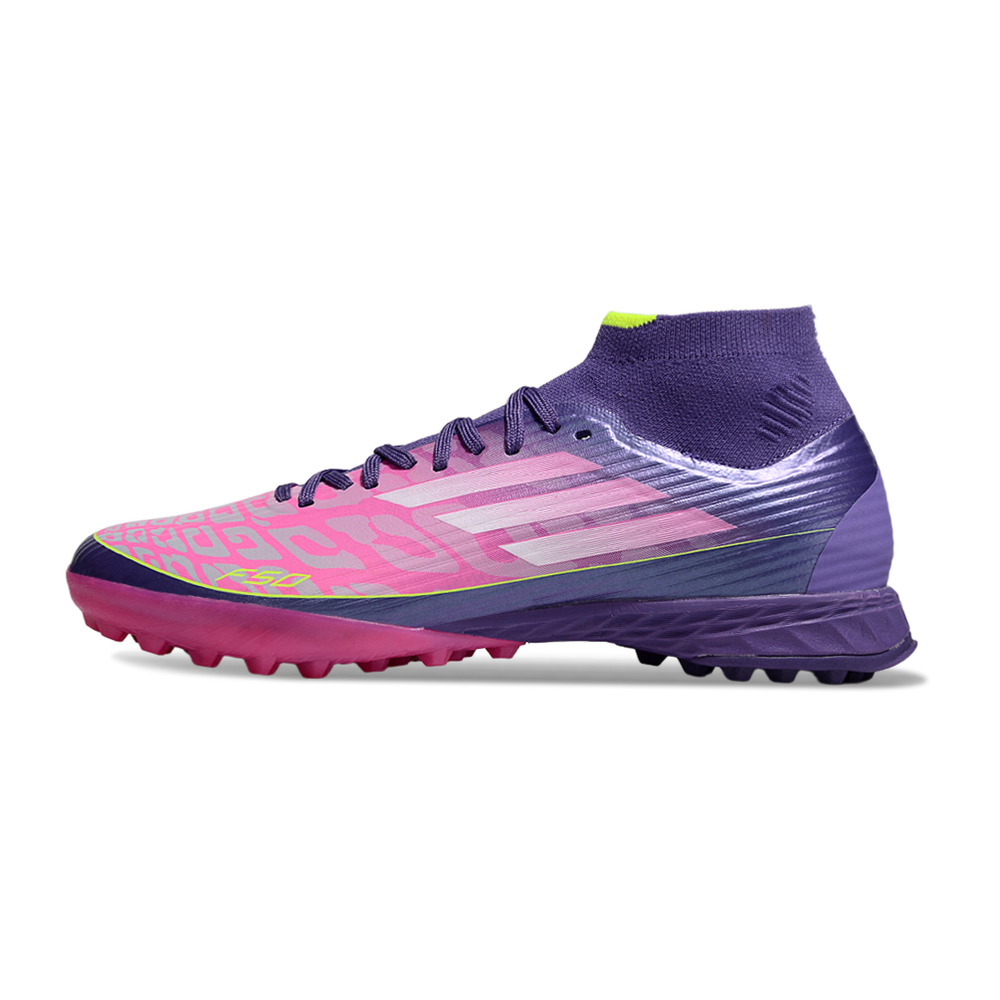 Chuteira Society Adidas F50 Cano Médio TF Roxo, Rosa e Verde "Lamine Yamal"