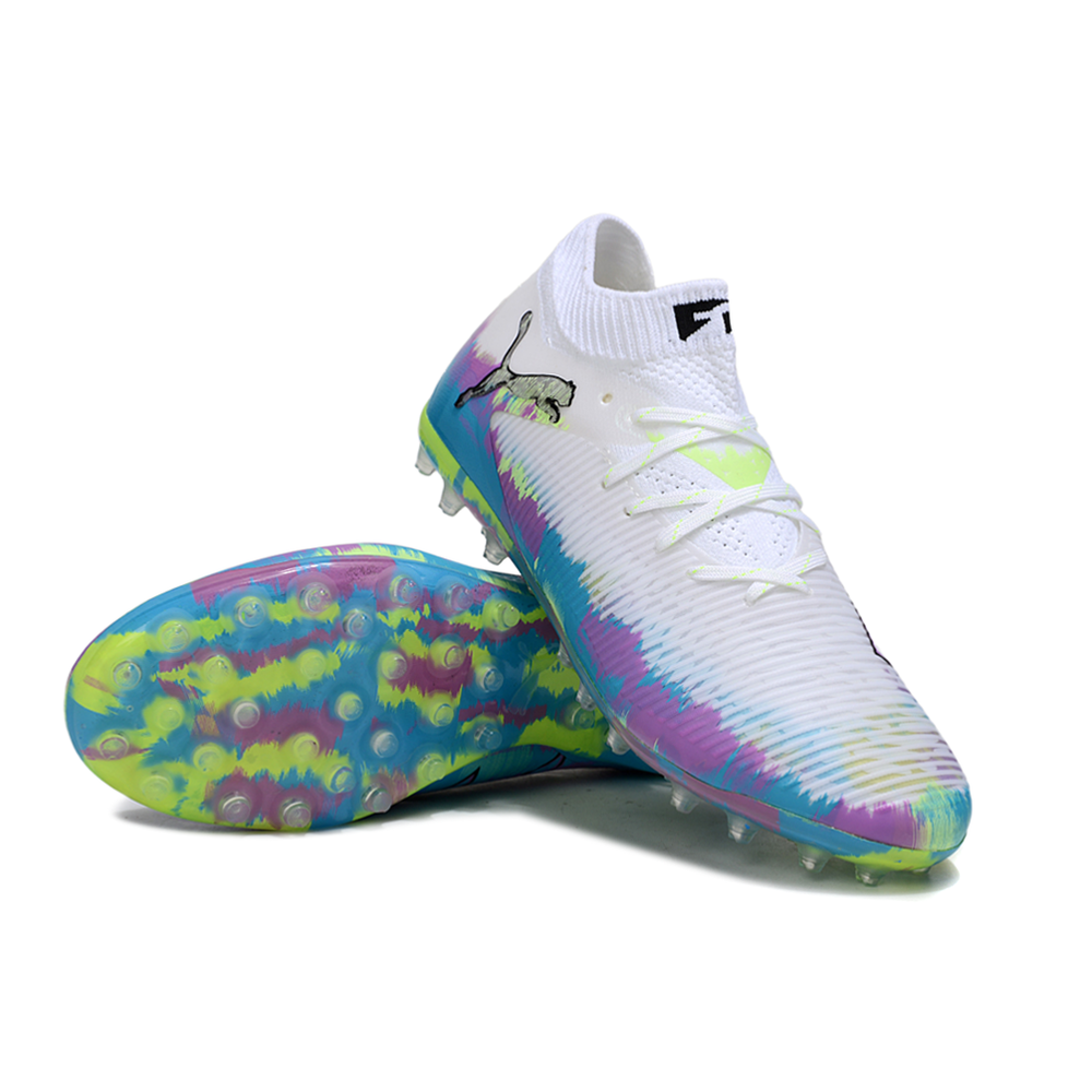 Chuteira Society Puma Future 8 MG Branca, Roxa, Azul e Verde "Brilliance Pack"