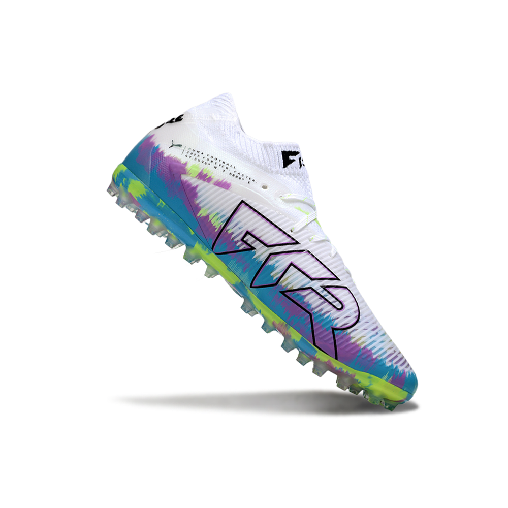 Chuteira Society Puma Future 8 MG Branca, Roxa, Azul e Verde "Brilliance Pack"