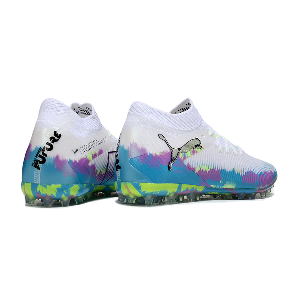 Chuteira Society Puma Future 8 MG Branca, Roxa, Azul e Verde "Brilliance Pack"