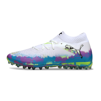 Chuteira Society Puma Future 8 MG Branca, Roxa, Azul e Verde "Brilliance Pack"