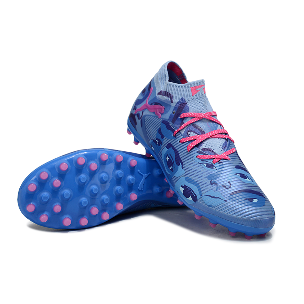 Chuteira Society Puma Future 8 MG Azul e Rosa "KidSuper"