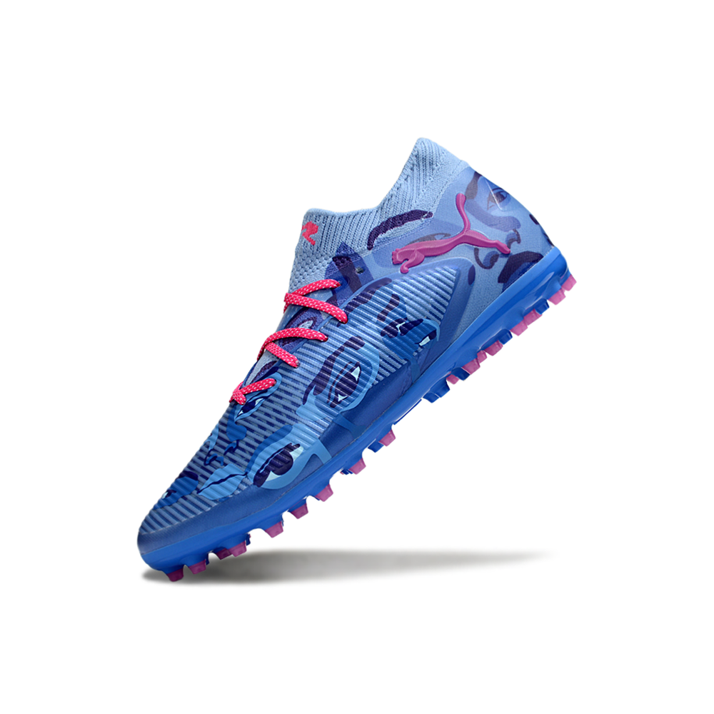 Chuteira Society Puma Future 8 MG Azul e Rosa "KidSuper"