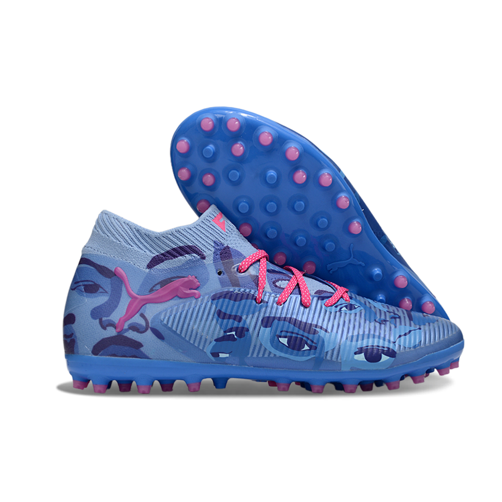 Chuteira Society Puma Future 8 MG Azul e Rosa "KidSuper"