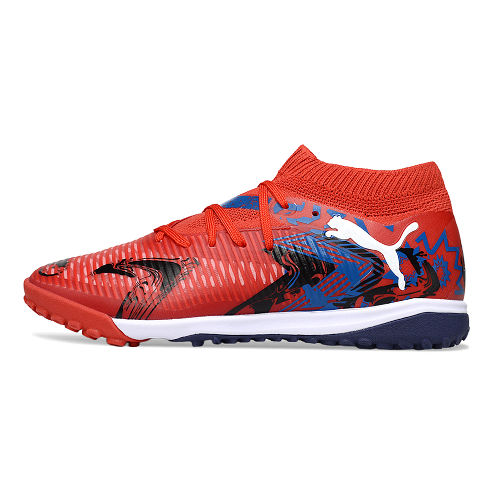 Chuteira Society Puma Future 8 TF Vermelha e Azul "Playmakers"