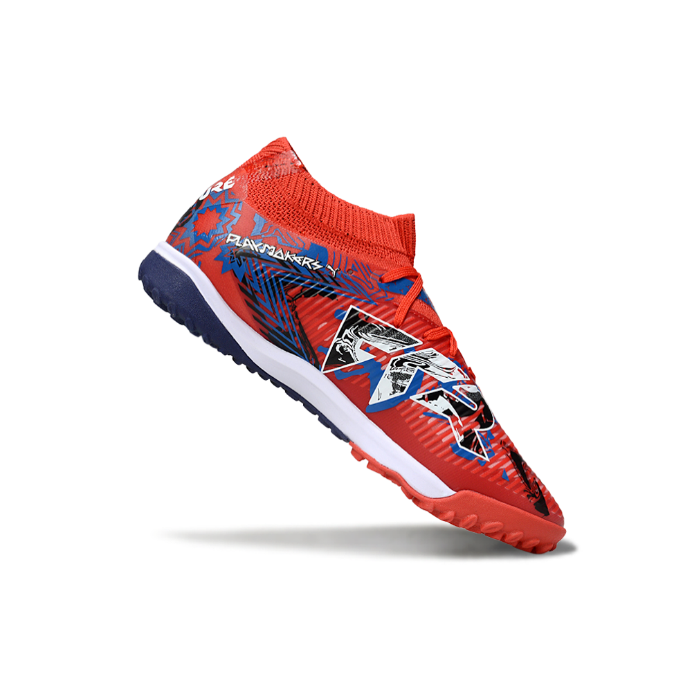 Chuteira Society Puma Future 8 TF Vermelha e Azul "Playmakers"