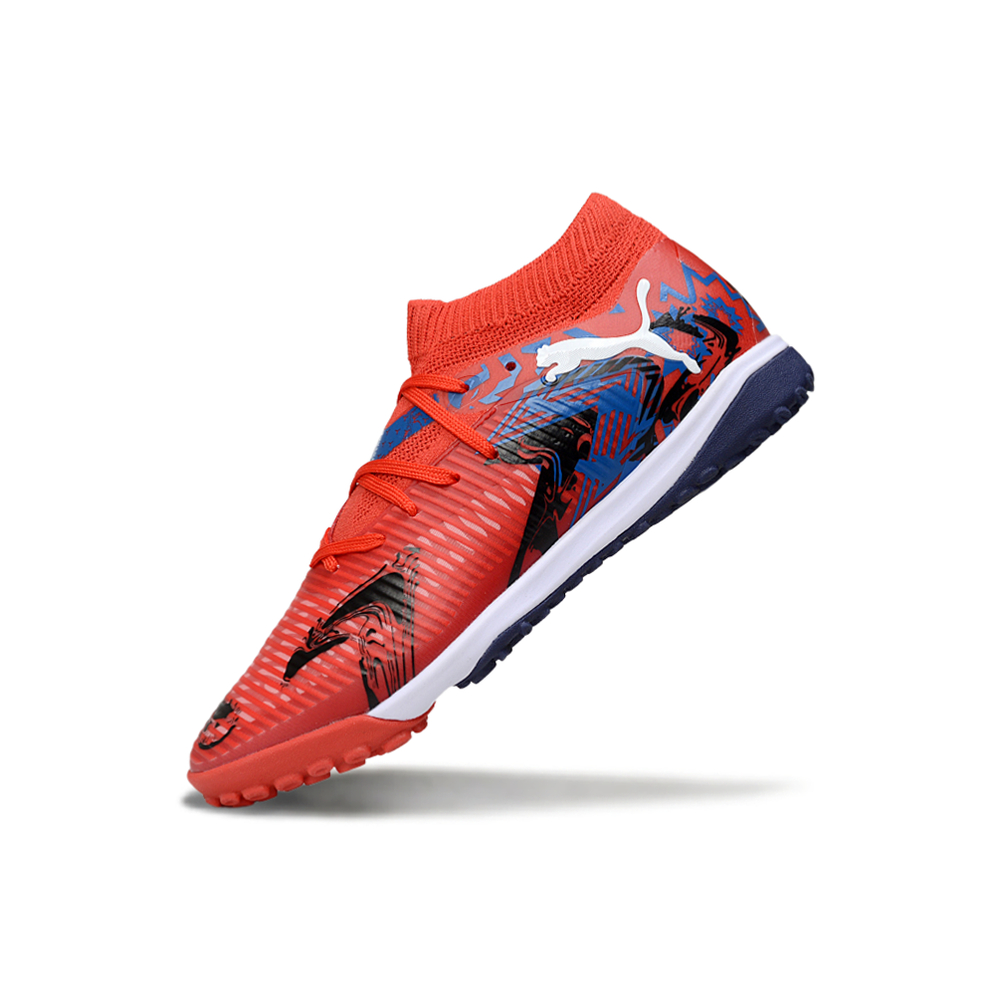 Chuteira Society Puma Future 8 TF Vermelha e Azul "Playmakers"