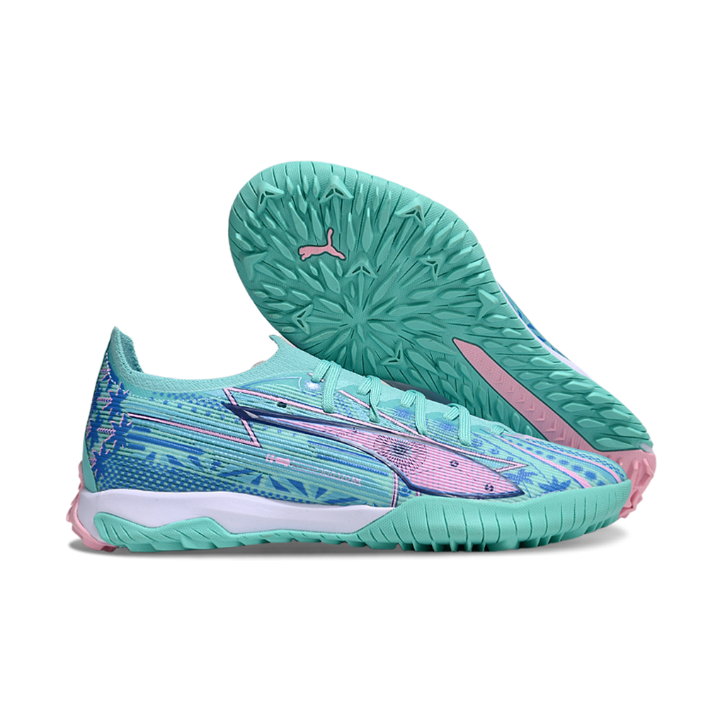 Chuteira Society Puma Ultra 6 Ultimate TF Azul e Rosa "Miami Edition"