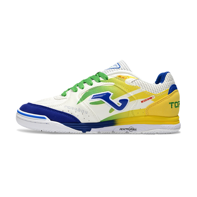 Chuteira Futsal Joma Top Flex Rebound IC Branca, Azul e Amarela