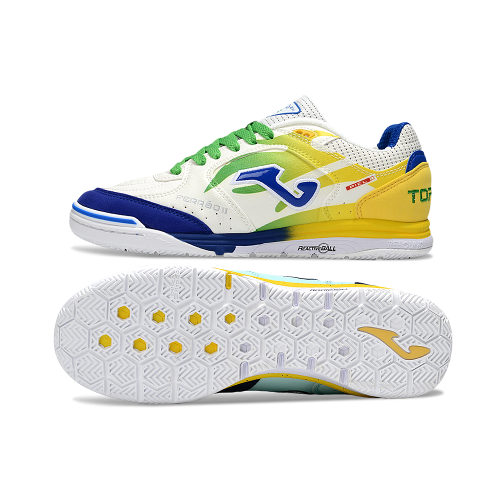 Chuteira Futsal Joma Top Flex Rebound IC Branca, Azul e Amarela