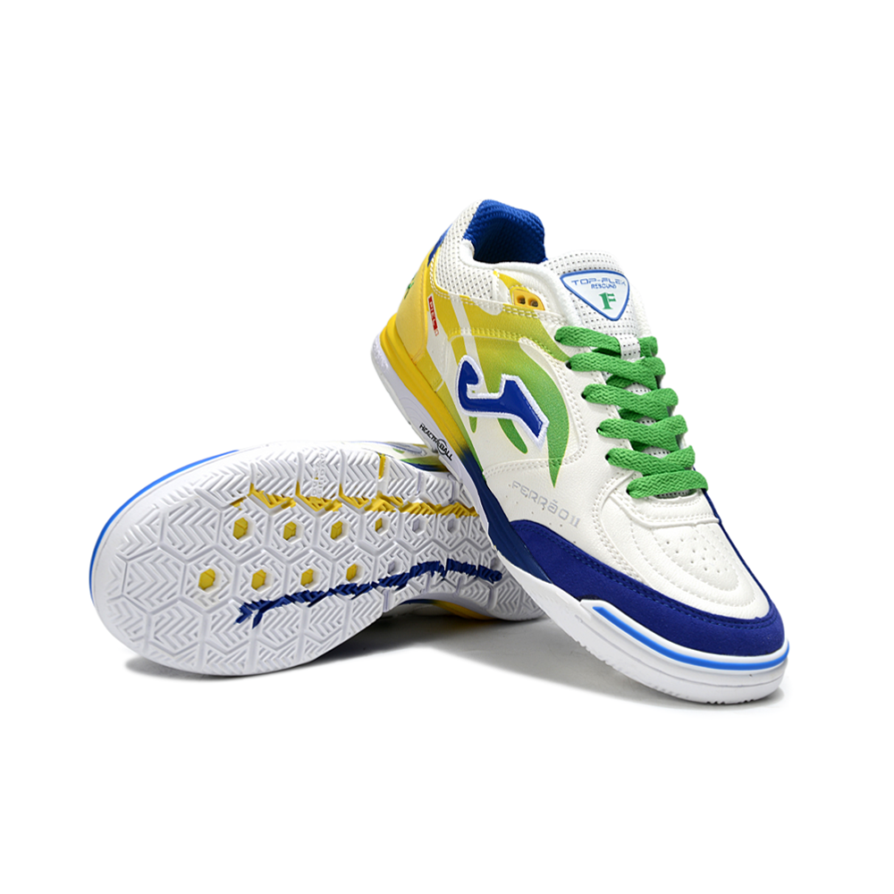 Chuteira Futsal Joma Top Flex Rebound IC Branca, Azul e Amarela