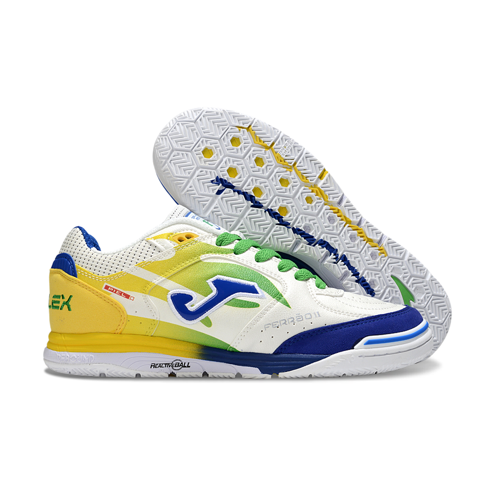 Chuteira Futsal Joma Top Flex Rebound IC Branca, Azul e Amarela