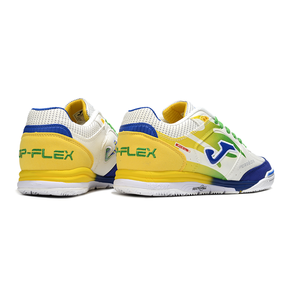 Chuteira Futsal Joma Top Flex Rebound IC Branca, Azul e Amarela
