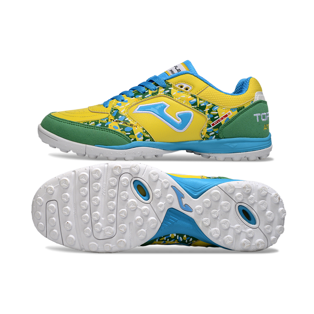 Chuteira Society Joma Top Flex TF Amarelo, Azul, Verde e Branco 