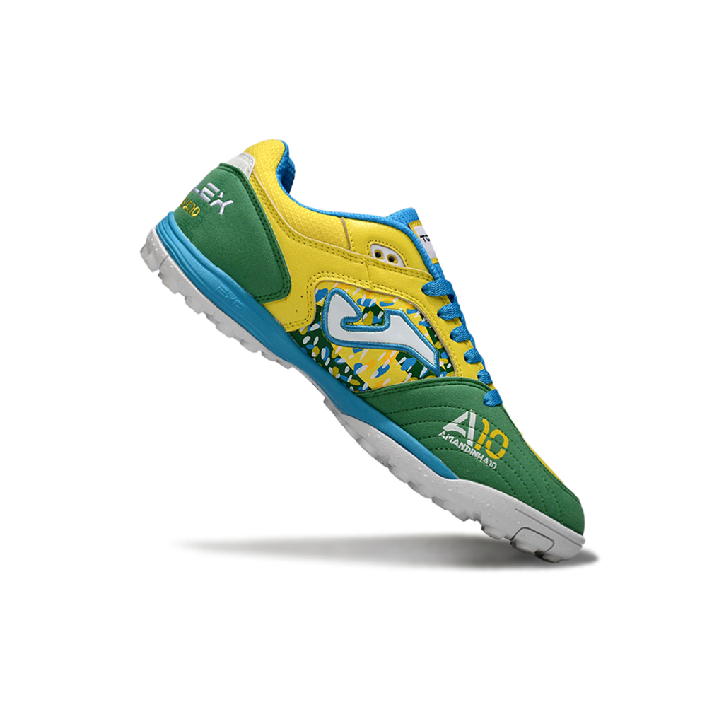 Chuteira Society Joma Top Flex TF Amarelo, Azul, Verde e Branco 