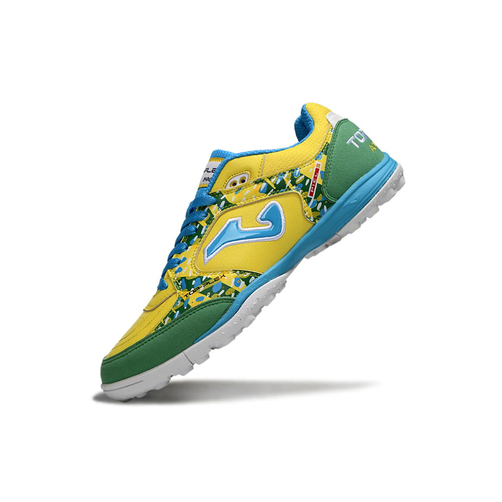 Chuteira Society Joma Top Flex TF Amarelo, Azul, Verde e Branco 