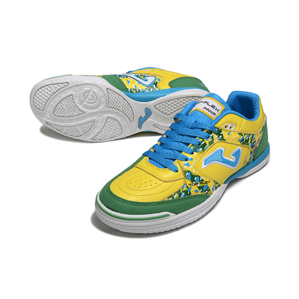 Chuteira Futsal Joma Top Flex Rebound IC Amarela, Verde e Azul "A10"