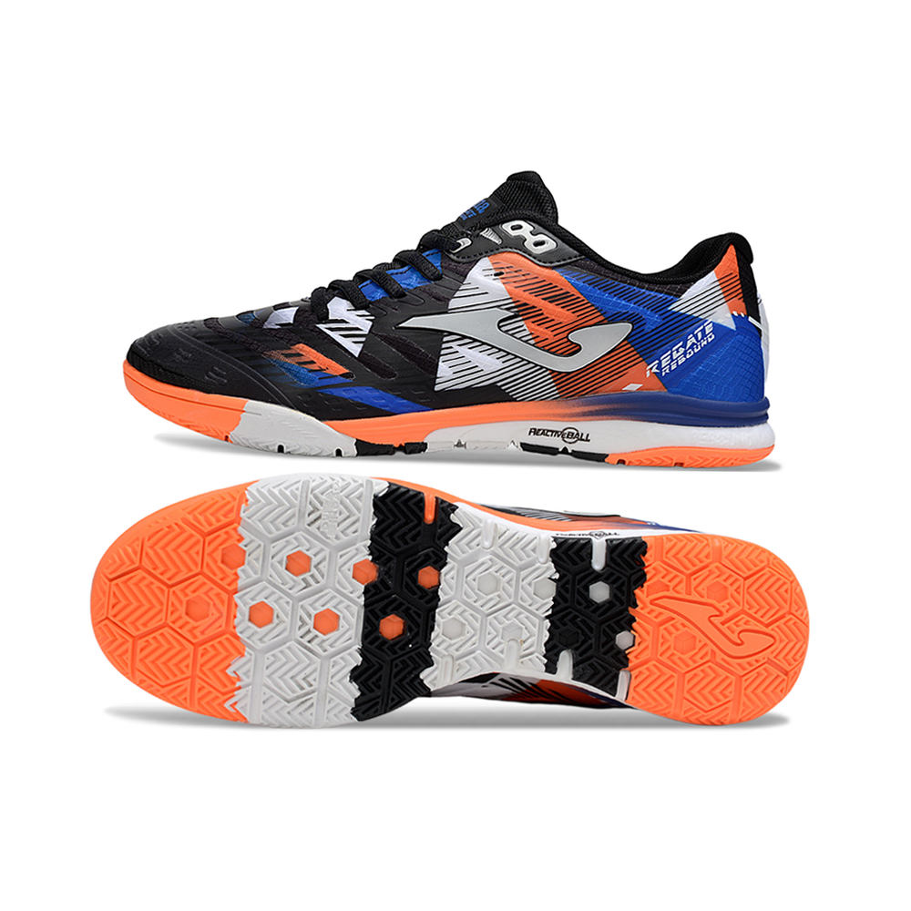 Chuteira Futsal Joma Regate Rebound IC Preta, Laranja e Azul