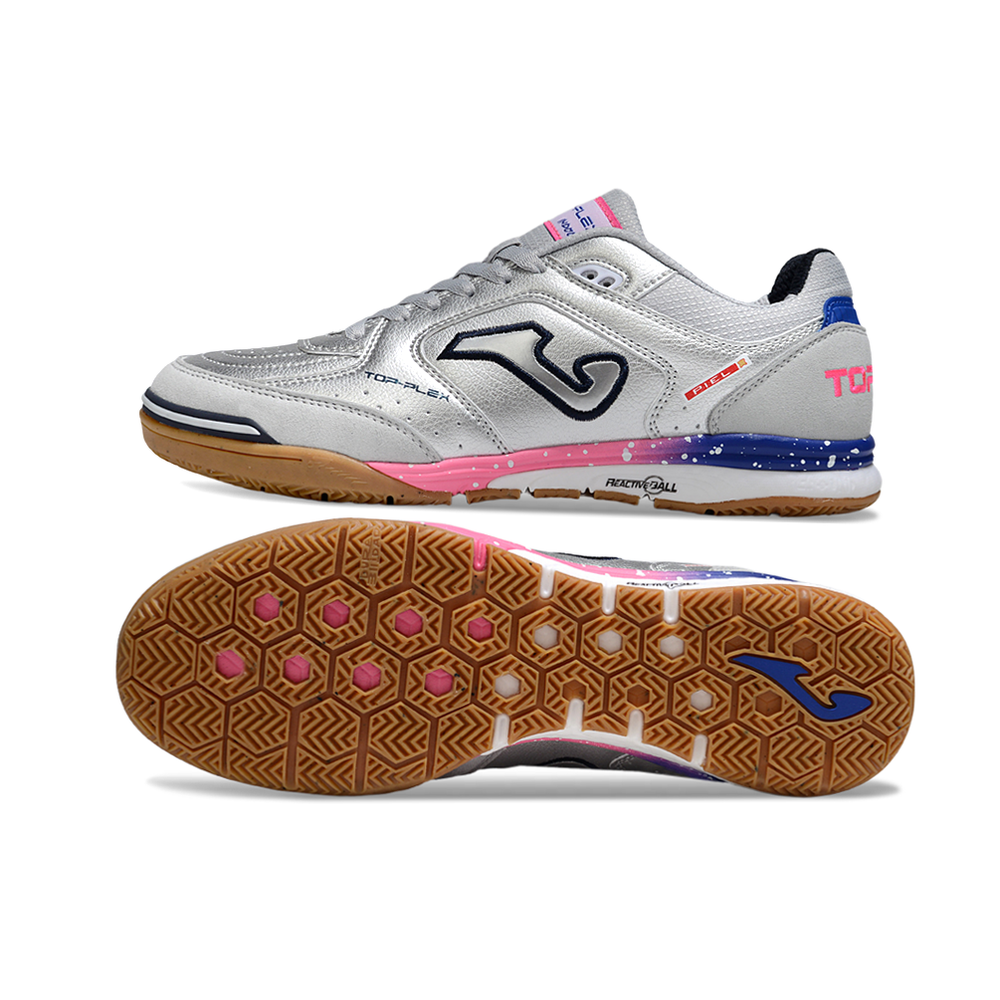 Chuteira Futsal Joma Top Flex Rebound IC Prata, Rosa e Azul