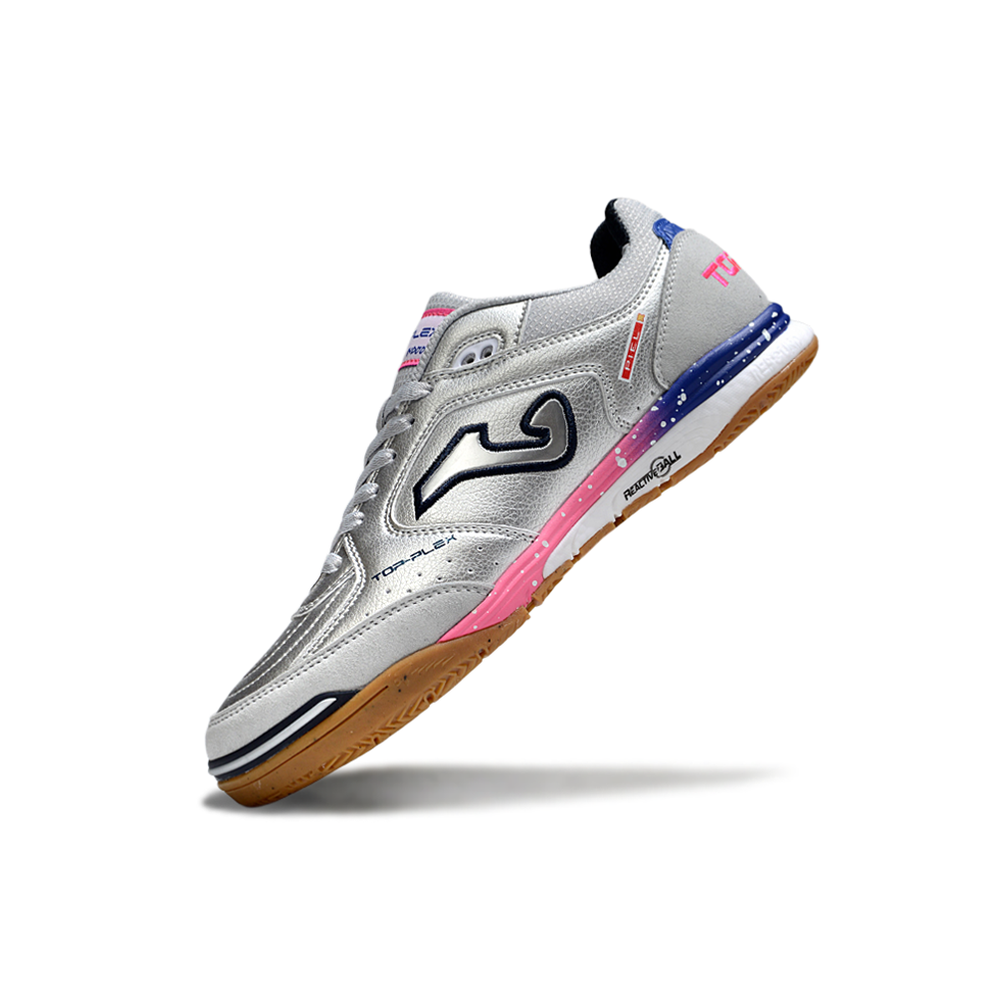 Chuteira Futsal Joma Top Flex Rebound IC Prata, Rosa e Azul
