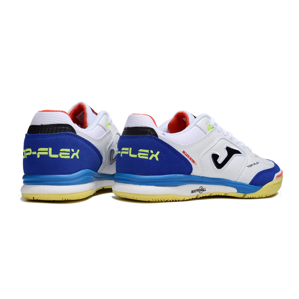 Chuteira Futsal Joma Top Flex Rebound IC Branca, Azul e Amarelo