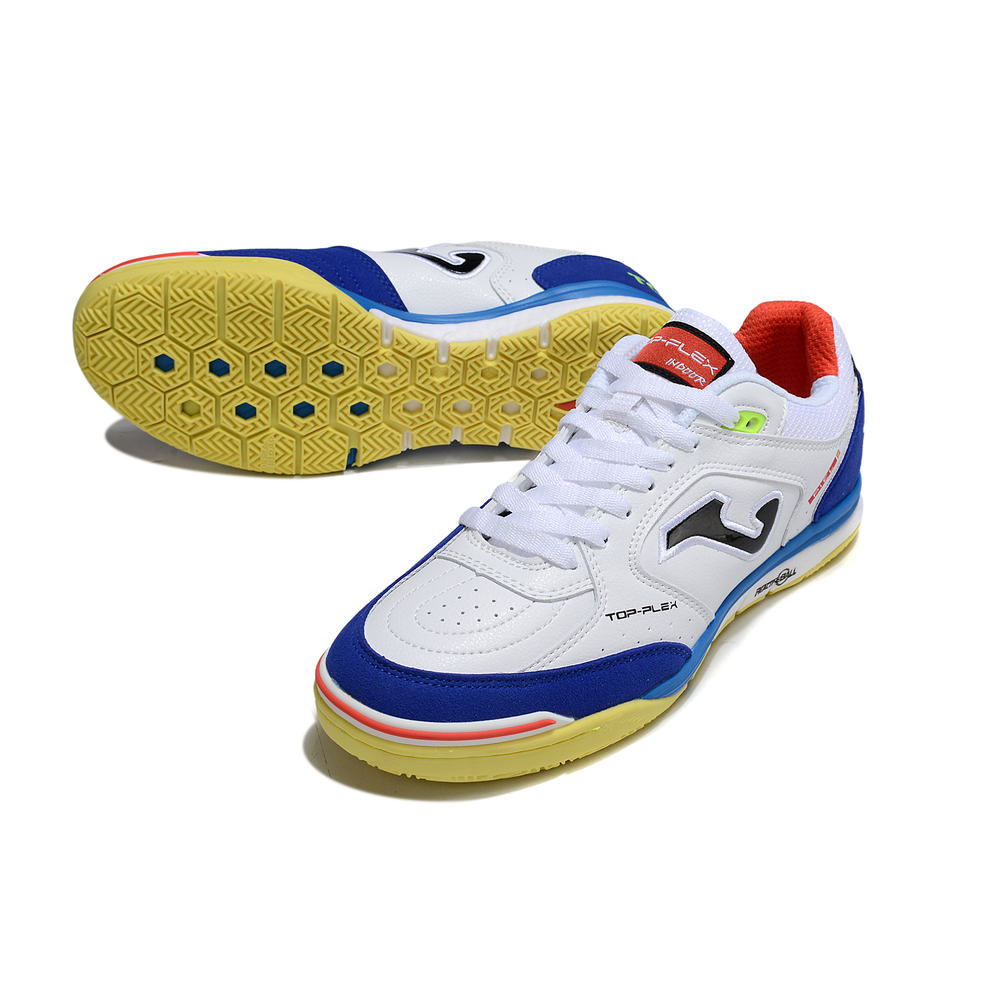 Chuteira Futsal Joma Top Flex Rebound IC Branca, Azul e Amarelo