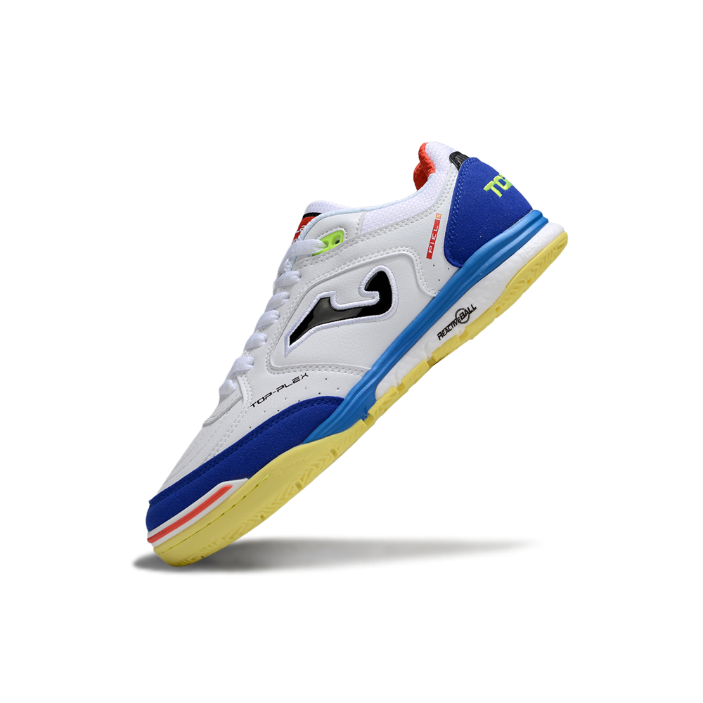 Chuteira Futsal Joma Top Flex Rebound IC Branca, Azul e Amarelo