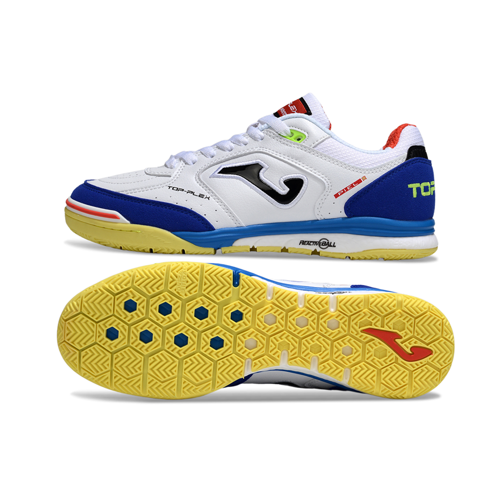 Chuteira Futsal Joma Top Flex Rebound IC Branca, Azul e Amarelo