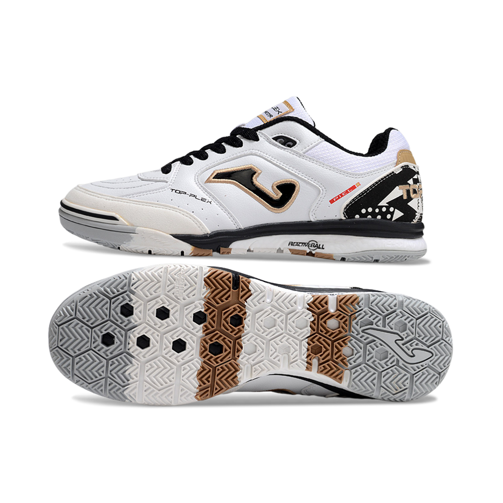 Chuteira Futsal Joma Top Flex Rebound IC Branca, Preta e Dourada