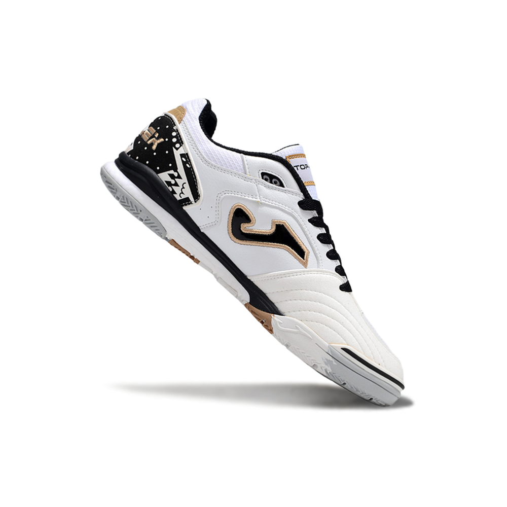Chuteira Futsal Joma Top Flex Rebound IC Branca, Preta e Dourada