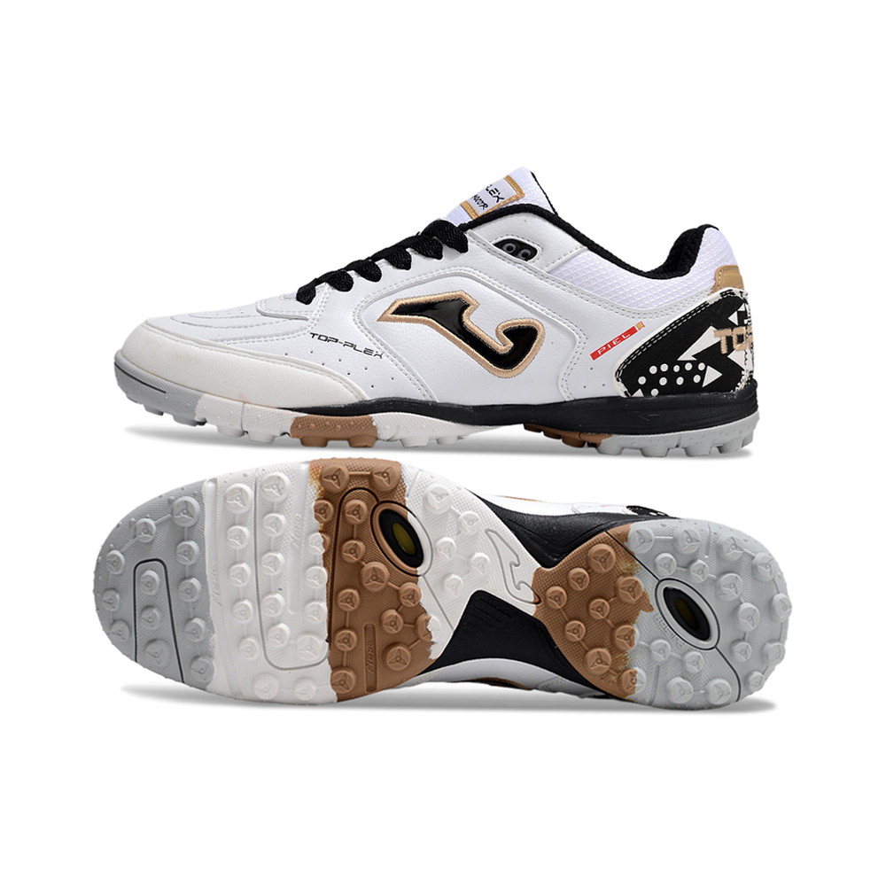 Chuteira Society Joma Top Flex Rebound TF Branca, Preta e Dourada