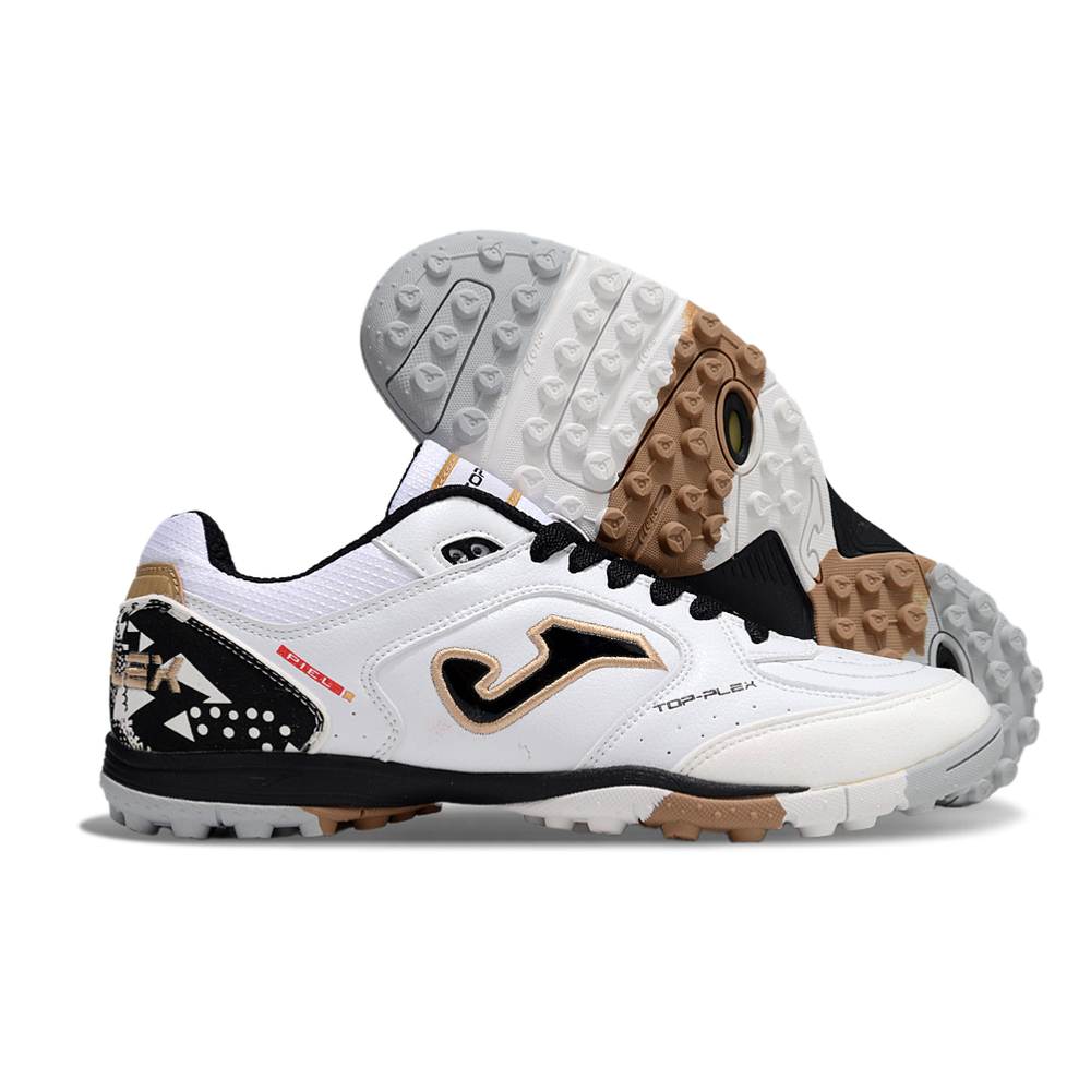 Chuteira Society Joma Top Flex Rebound TF Branca, Preta e Dourada