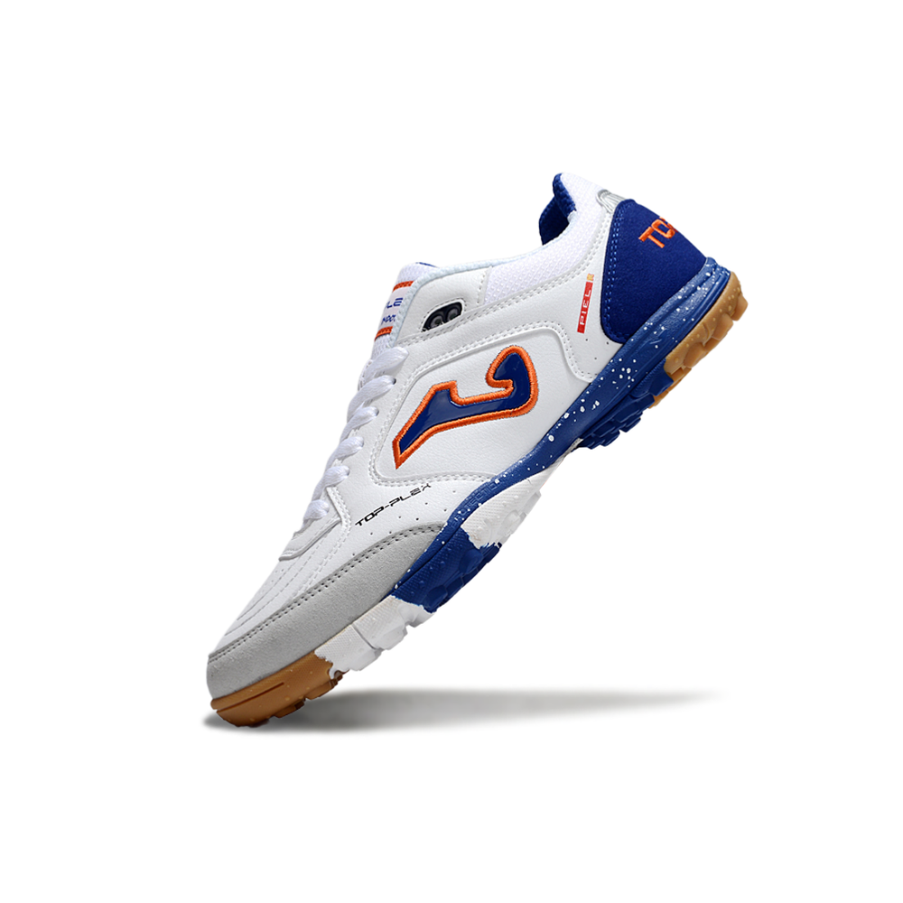 Chuteira Society Joma Top Flex Rebound TF Branca, Azul e Laranja