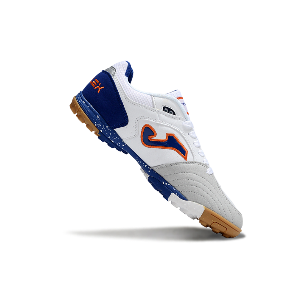 Chuteira Society Joma Top Flex Rebound TF Branca, Azul e Laranja