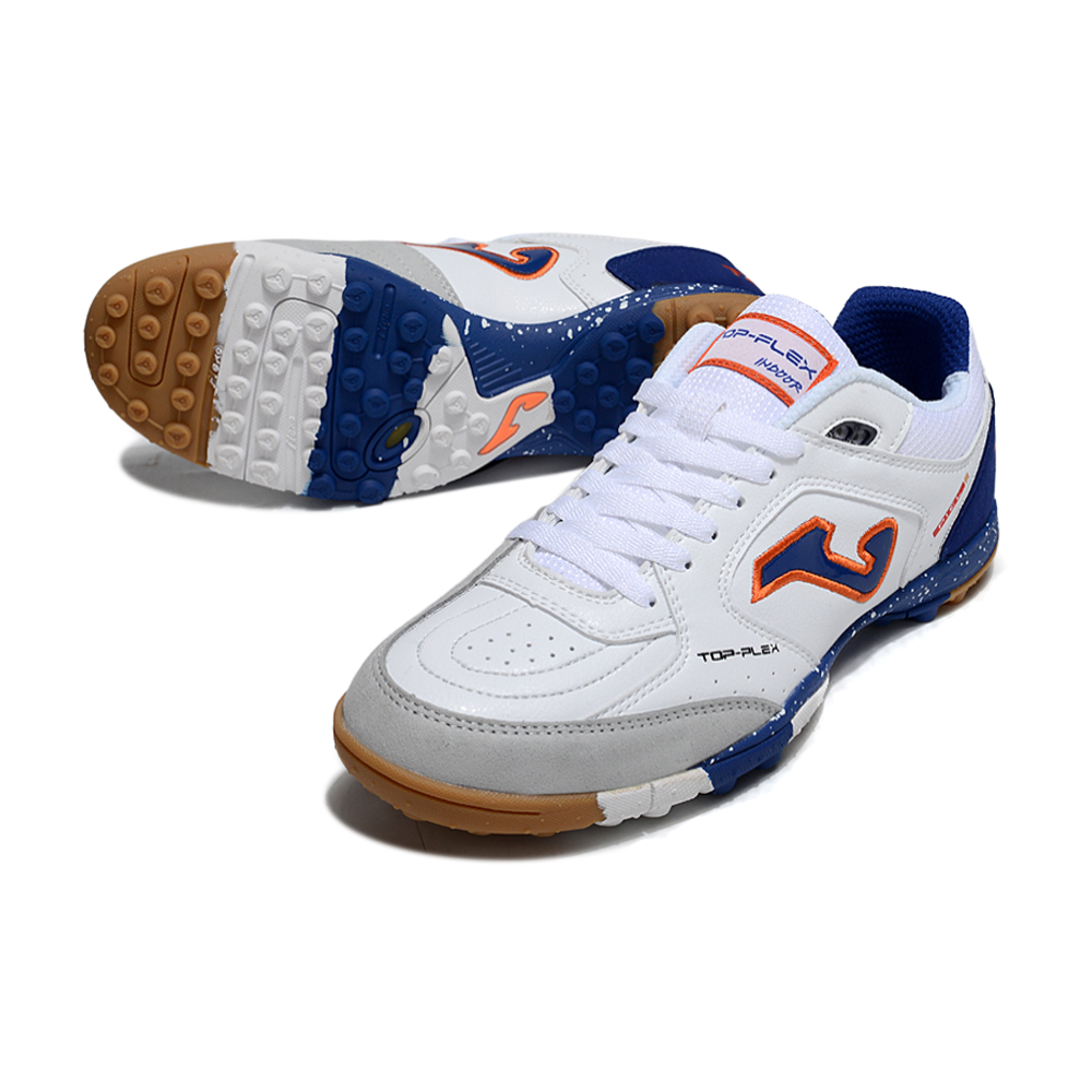 Chuteira Society Joma Top Flex Rebound TF Branca, Azul e Laranja