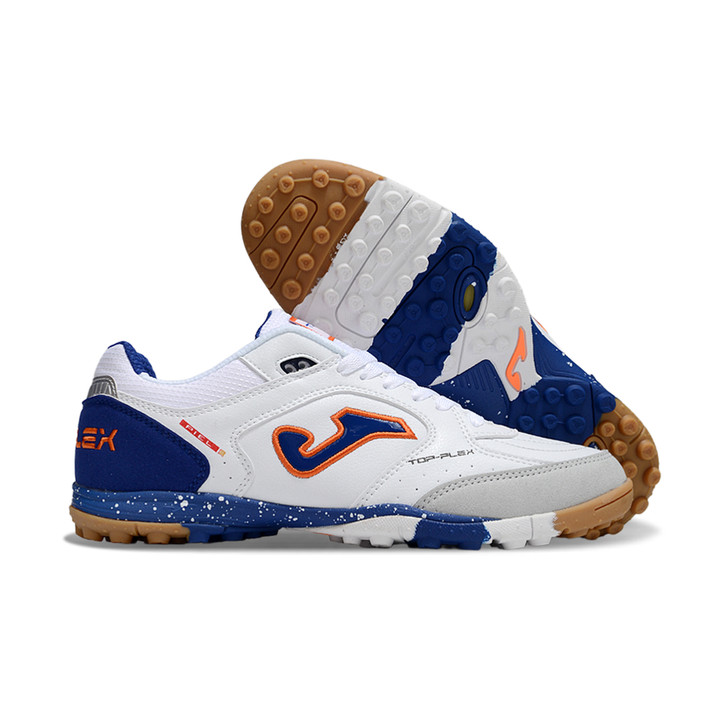 Chuteira Society Joma Top Flex Rebound TF Branca, Azul e Laranja