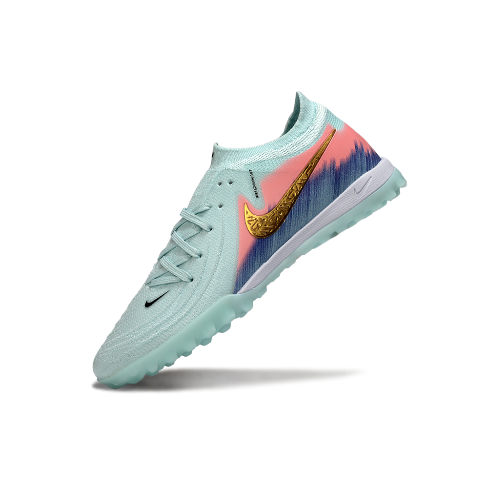 Chuteira Society Nike Phantom GX 2 Elite TF Verde, Rosa, Azul e Dourado