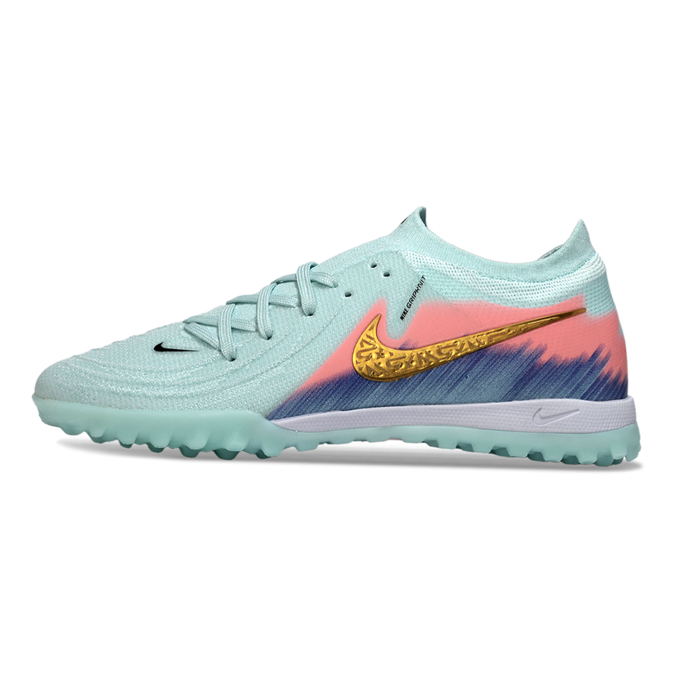 Chuteira Society Nike Phantom GX 2 Elite TF Verde, Rosa, Azul e Dourado