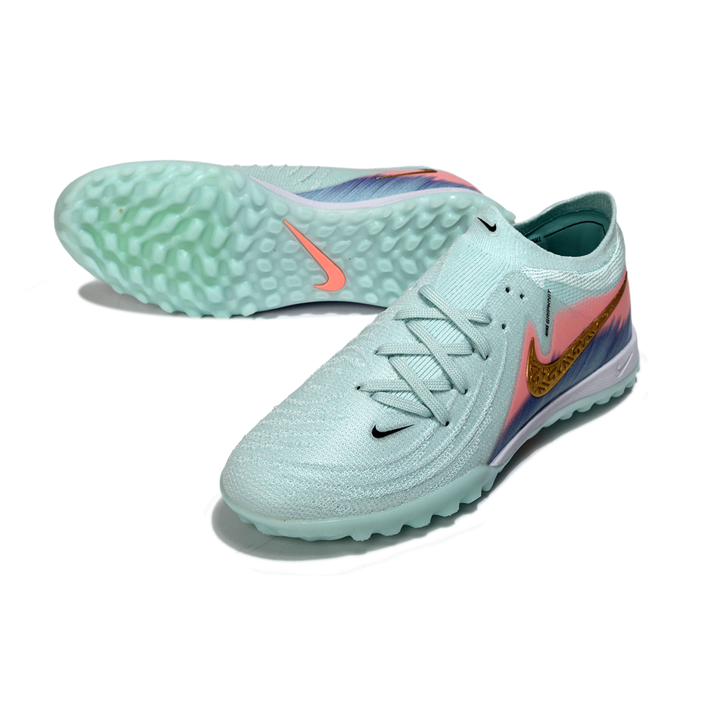 Chuteira Society Nike Phantom GX 2 Elite TF Verde, Rosa, Azul e Dourado