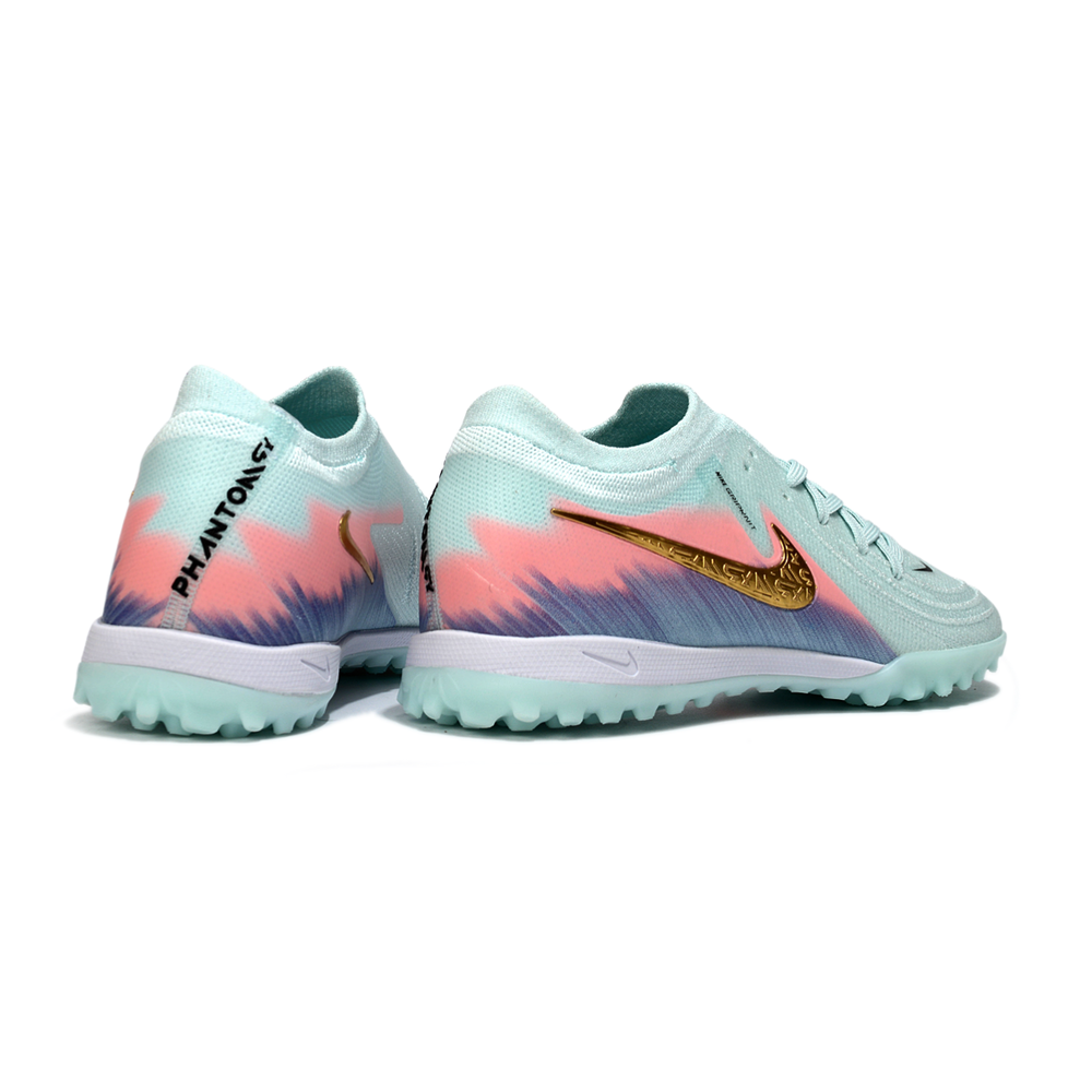Chuteira Society Nike Phantom GX 2 Elite TF Verde, Rosa, Azul e Dourado