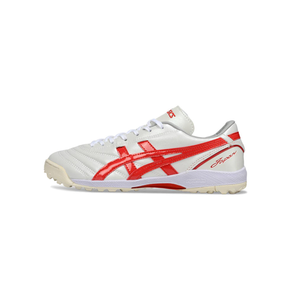 Chuteira Society Asics Japan TF Branca e Vermelha