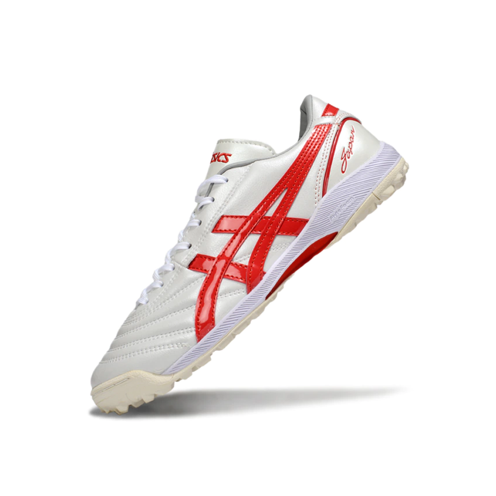 Chuteira Society Asics Japan TF Branca e Vermelha